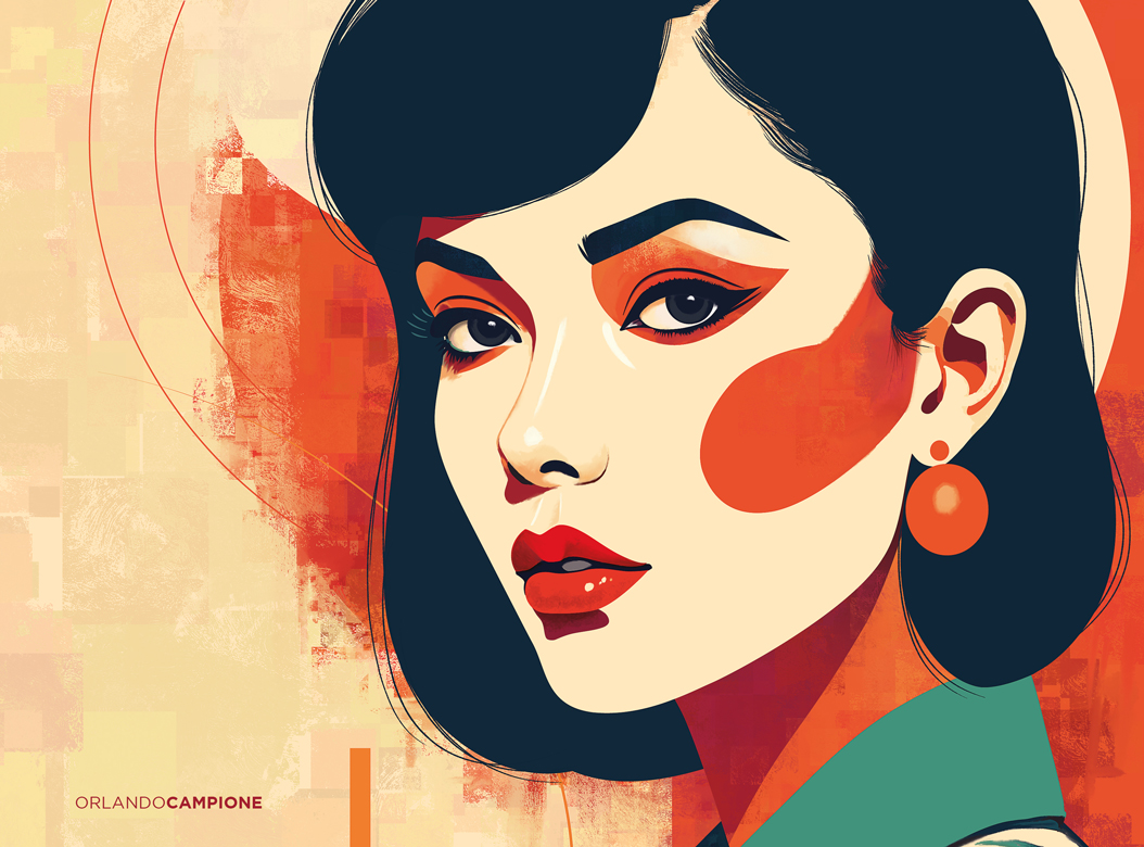 Illustration d'un portrait d'une femme asiatique dans un style art graphique, minimaliste et techniques mixtes. - portraits graphiques réalisé par Orlando Campione