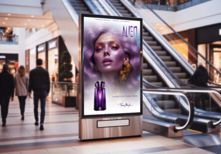 Muse Synthétique — Portrait artistique numérique & vision de campagne. Photoshop, décliné en campagne parfum fictive à travers des mises en situation publicitaires. Thierry Mugler Parfum Alien
