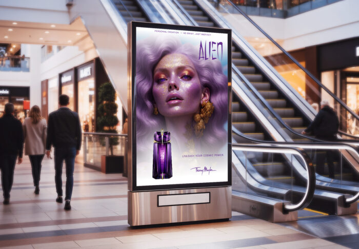 Muse Synthétique — Portrait artistique numérique & vision de campagne. Photoshop, décliné en campagne parfum fictive à travers des mises en situation publicitaires. Thierry Mugler Parfum Alien