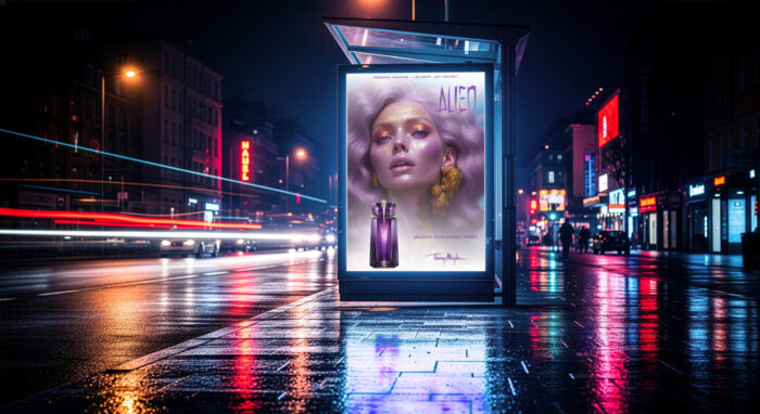 Portrait artistique numérique créé avec IA et Muse Synthétique — Portrait artistique numérique & vision de campagne. Photoshop, décliné en campagne parfum fictive à travers des mises en situation publicitaires. Alien parfum, thierry mugler
