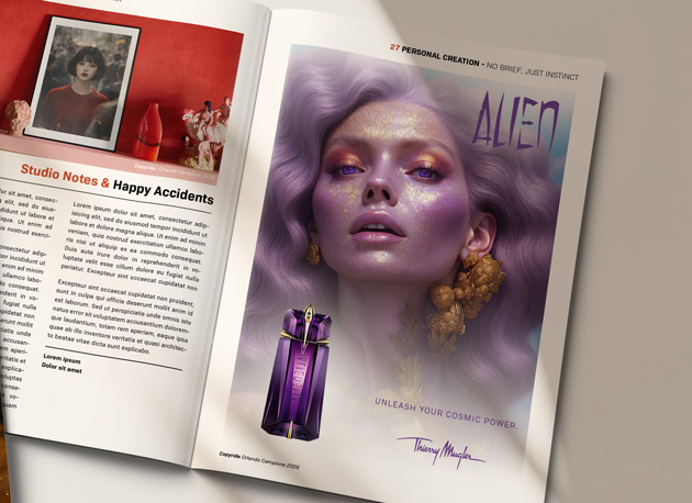 Magazine Wizard - Personal creation Muse Synthétique — Portrait artistique numérique & vision de campagne. Photoshop, décliné en campagne parfum fictive à travers des mises en situation publicitaires.