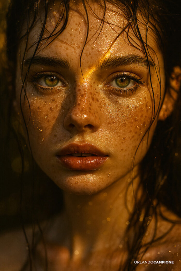 Orlando Campione. Portrait doré et visage incandescente : regard intense dans une recherche visuelle à l’esthétique cinématographique. Portrait photo d'une femme en noir et blanc, photographe orlando campione