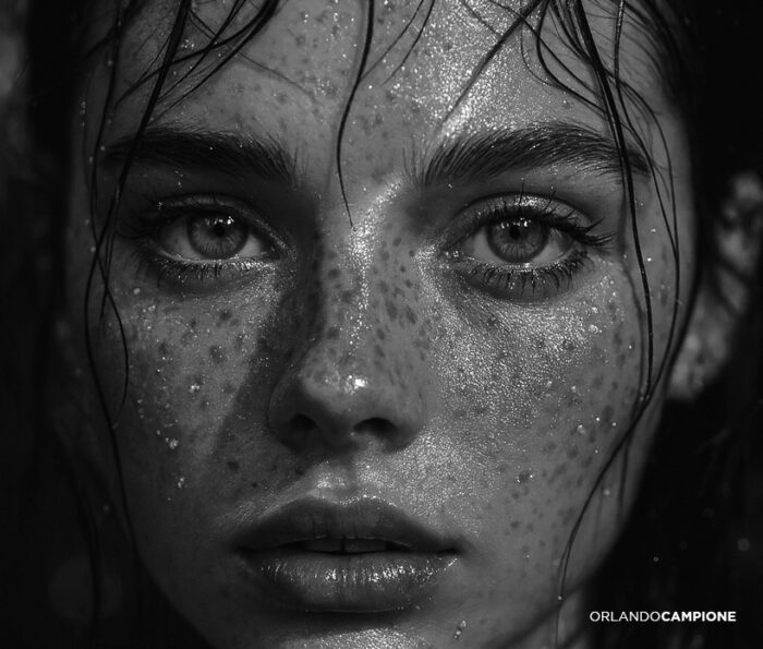 Orlando Campione, Directeur Artistique, Illustrateur, Storyboarder. Portrait doré et visage incandescente : regard intense dans une recherche visuelle à l’esthétique cinématographique. Portrait photo d'une femme en noir et blanc, photographe orlando campione