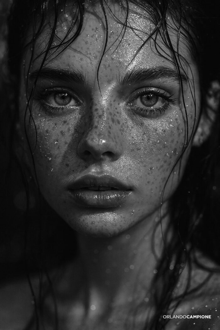 Portrait doré et visage incandescente : regard intense dans une recherche visuelle à l’esthétique cinématographique. Portrait photo d'une femme en noir et blanc, photographe orlando campione