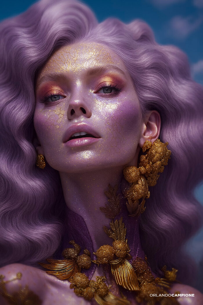 Muse Synthétique — Portrait artistique numérique & vision de campagne. Photoshop, décliné en campagne parfum fictive à travers des mises en situation publicitaires.